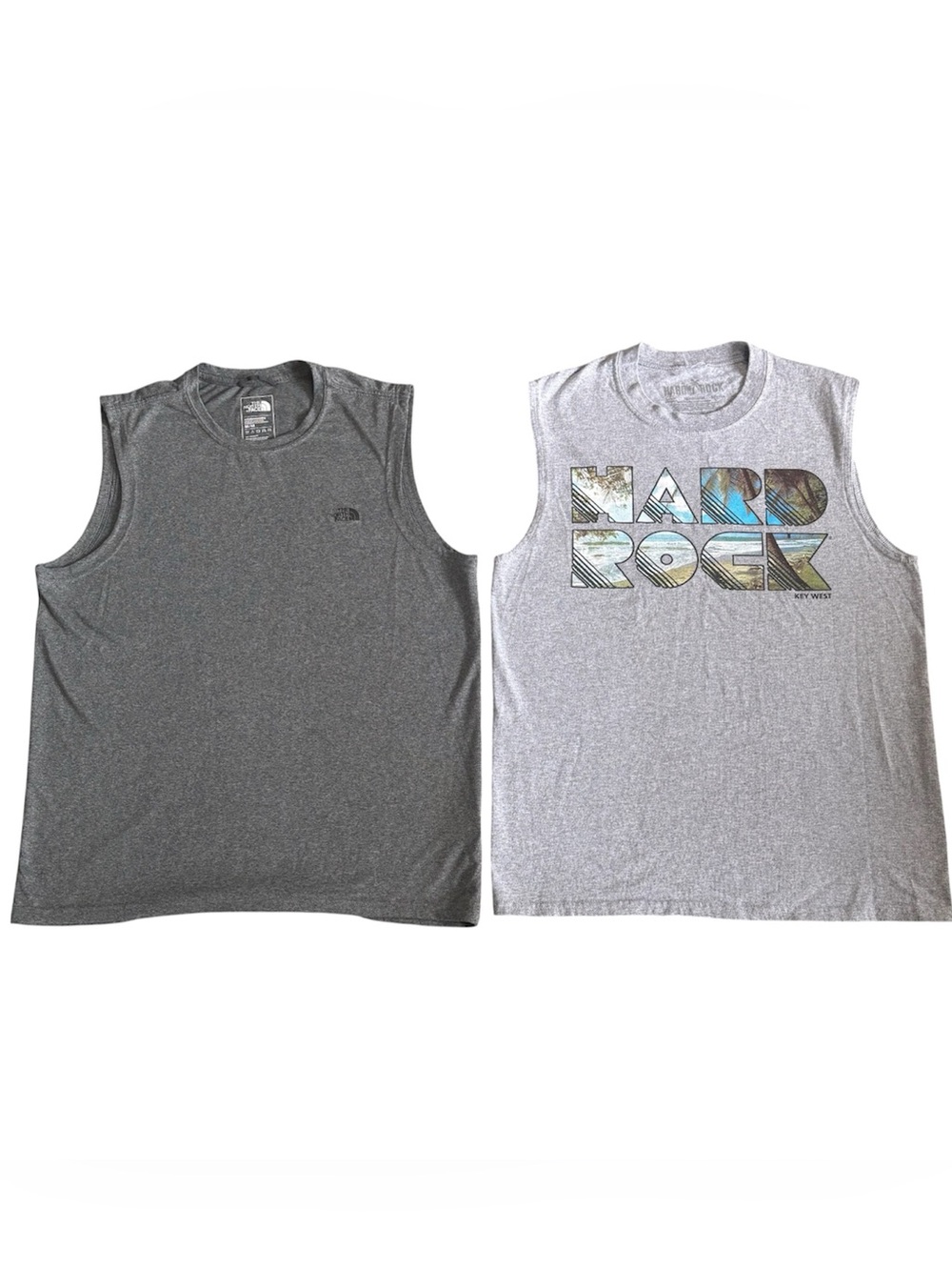 Men's medium tank tops. Buy two: one North Face and  one Hard Rock.